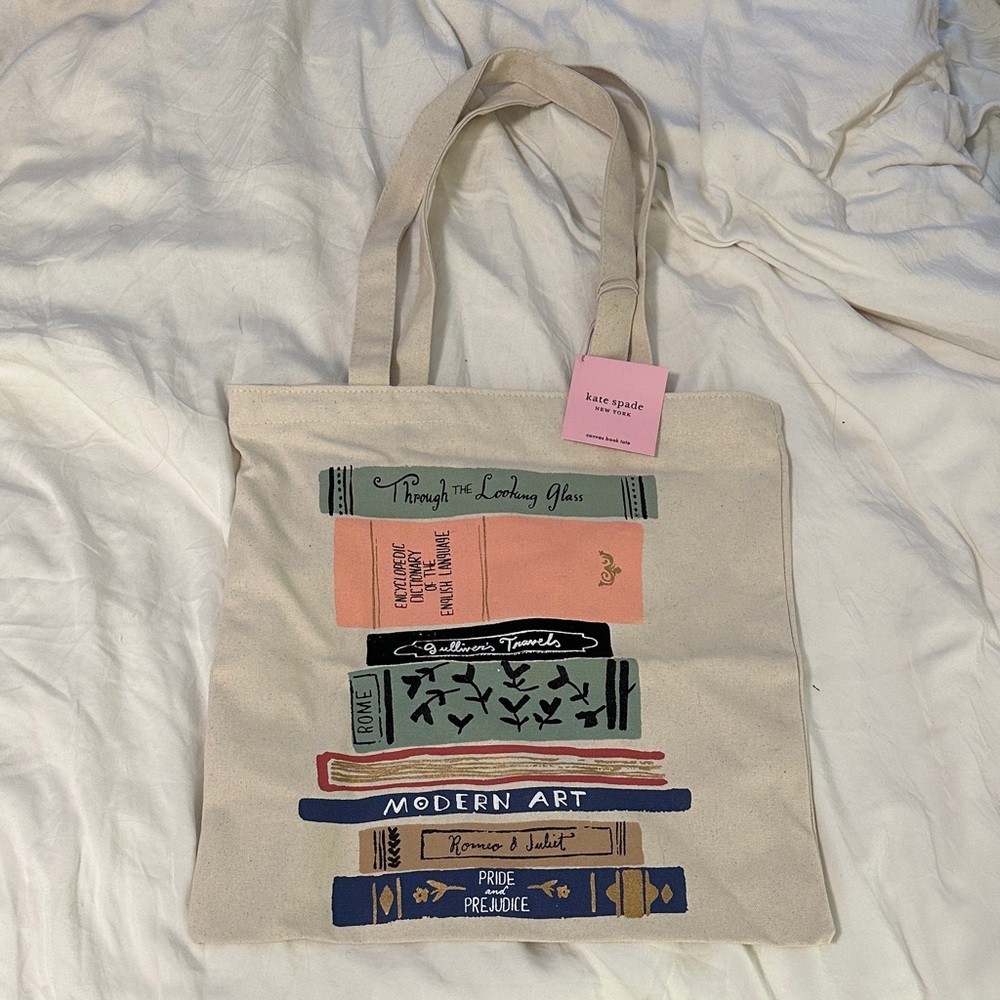 Kate Spade Beige Tote with Book Stack Design